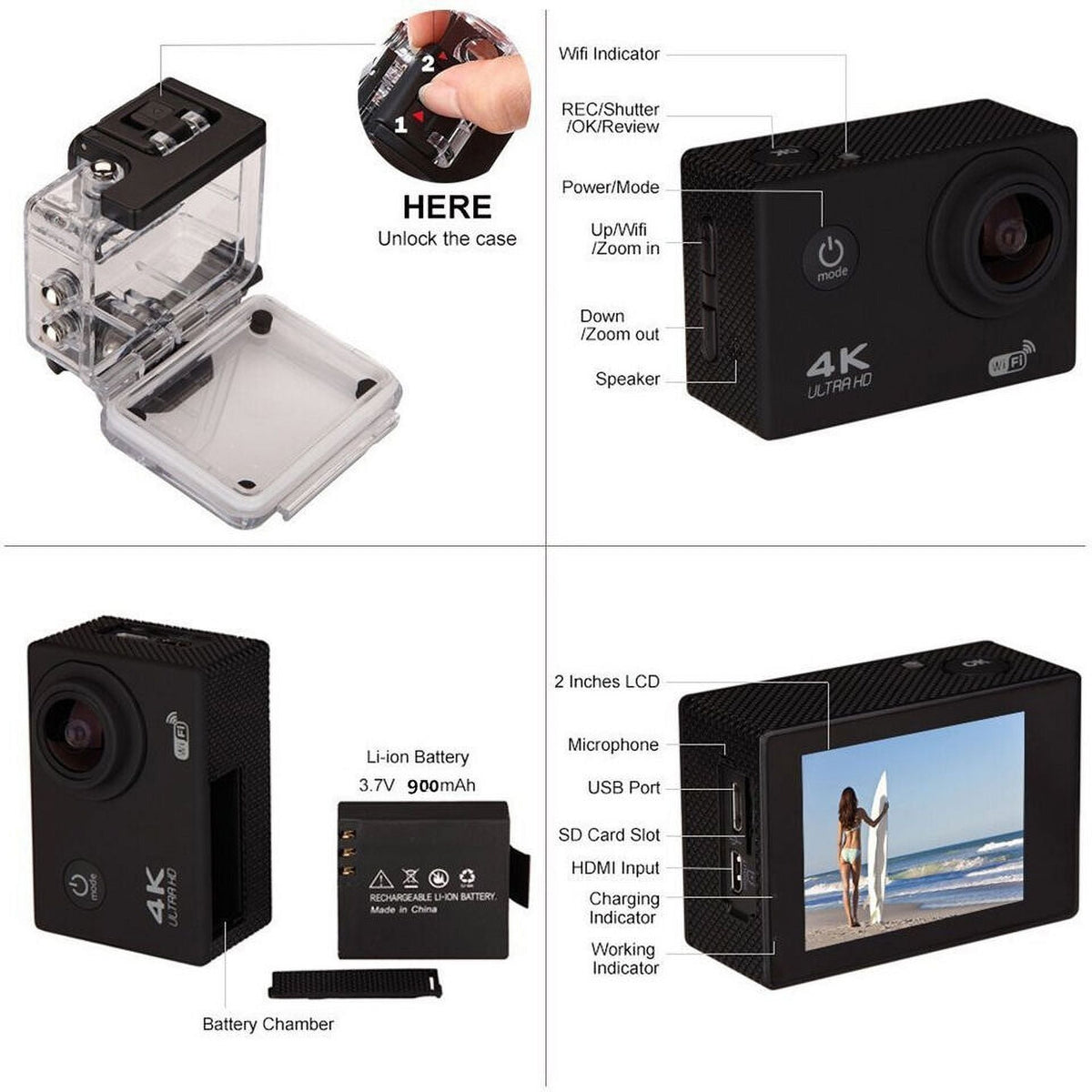 Waterproof, Under Camera HD Camera Included Carry TF 30M Battery, Action Sports 1080P Case Card,