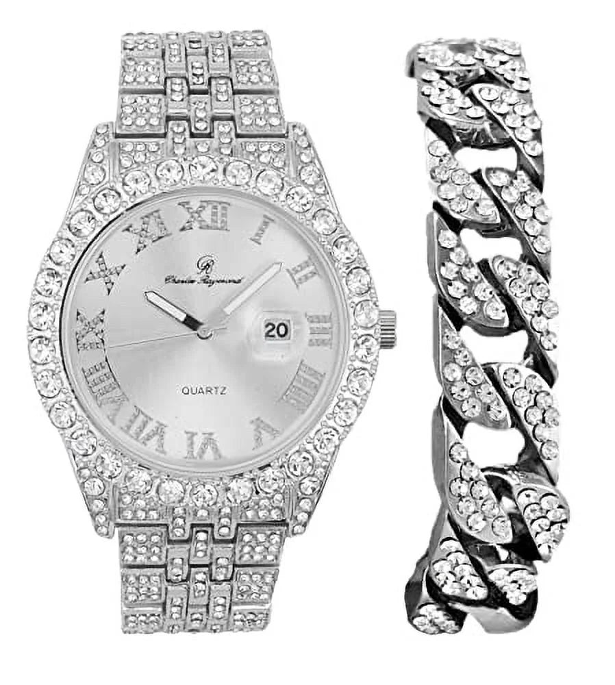 Mens Silver Hip Silver Raymond Dials- Timepiece - Numerals ST0226RND Big Designer Fully Out Watch Rocks Cuban Iced Blinged and Read w/Easy Charles Hop Out Date w/Roman Colorful
