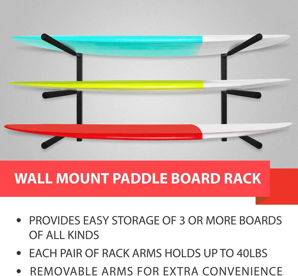 Longboards, x Display Racks, Surfboards, & Snowboards, Yes4All with Up to Mount Paddle Foam, Heavy Duty 5.51" x Board Steel 3 Padded Hanger Store Wall Black, 3.54" 34.25" Surfboard