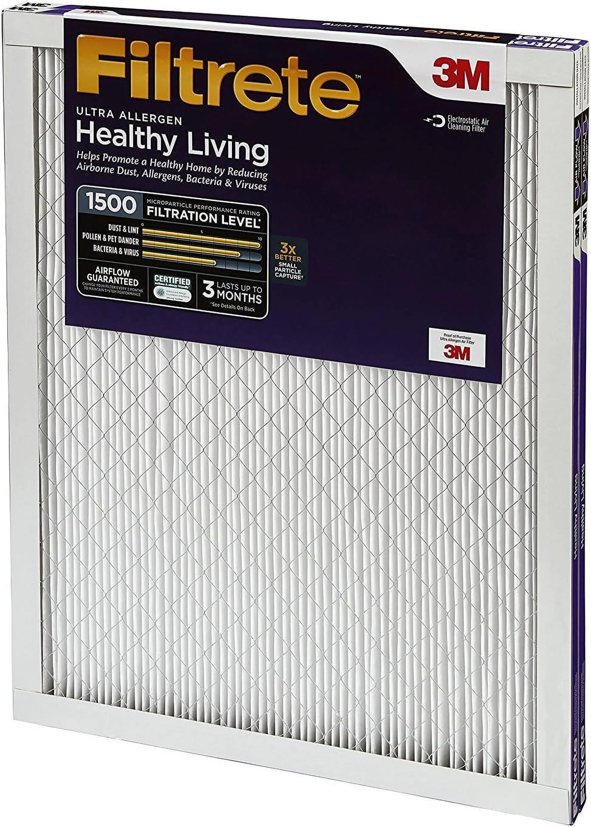 3-Month Filter, Air MPR 1-Inch 16x24x1 Ultra-Allergen Living MERV 2 1500, 12, Air Healthy Filters, Pleated Filters Filtrete