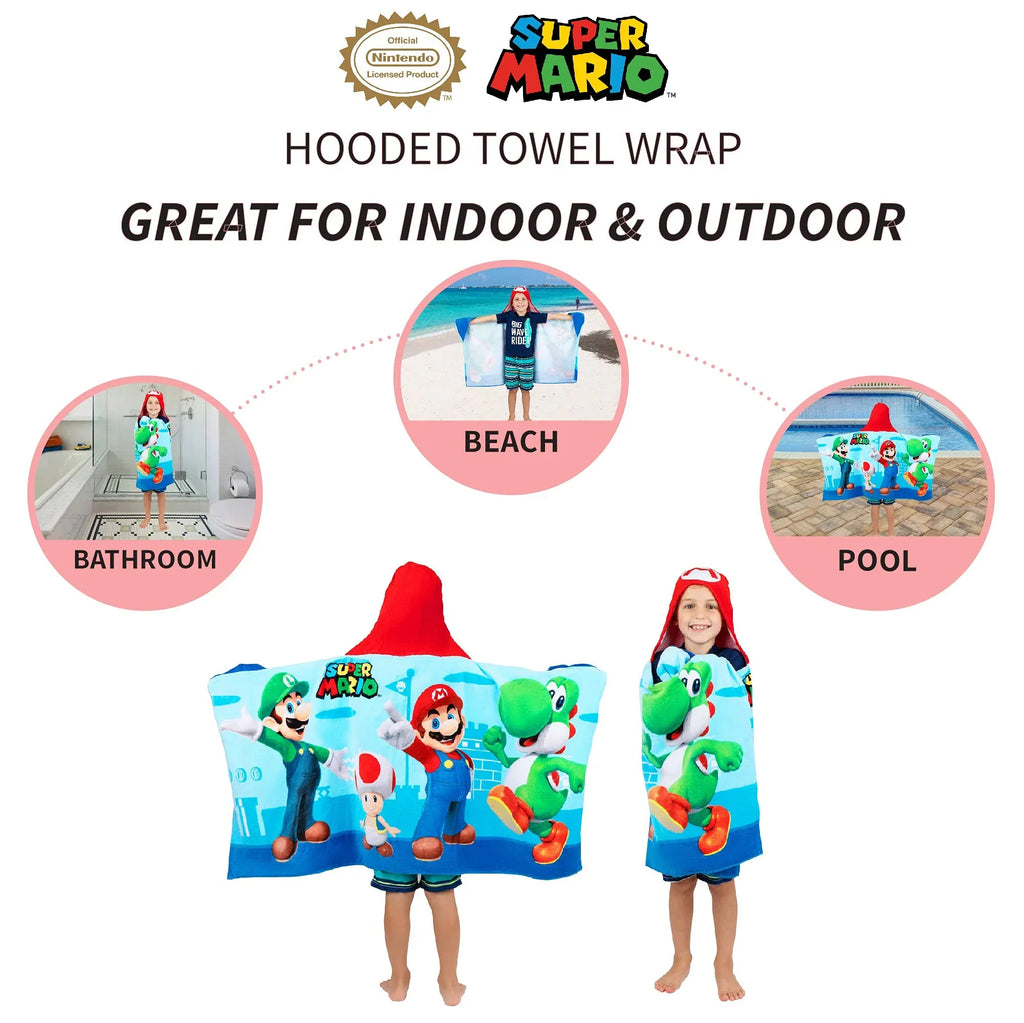 24 x Towel 50 Bath/Pool/Beach in, Super Wrap, Hooded Kids By Cotton Soft Terry Franco in Mario