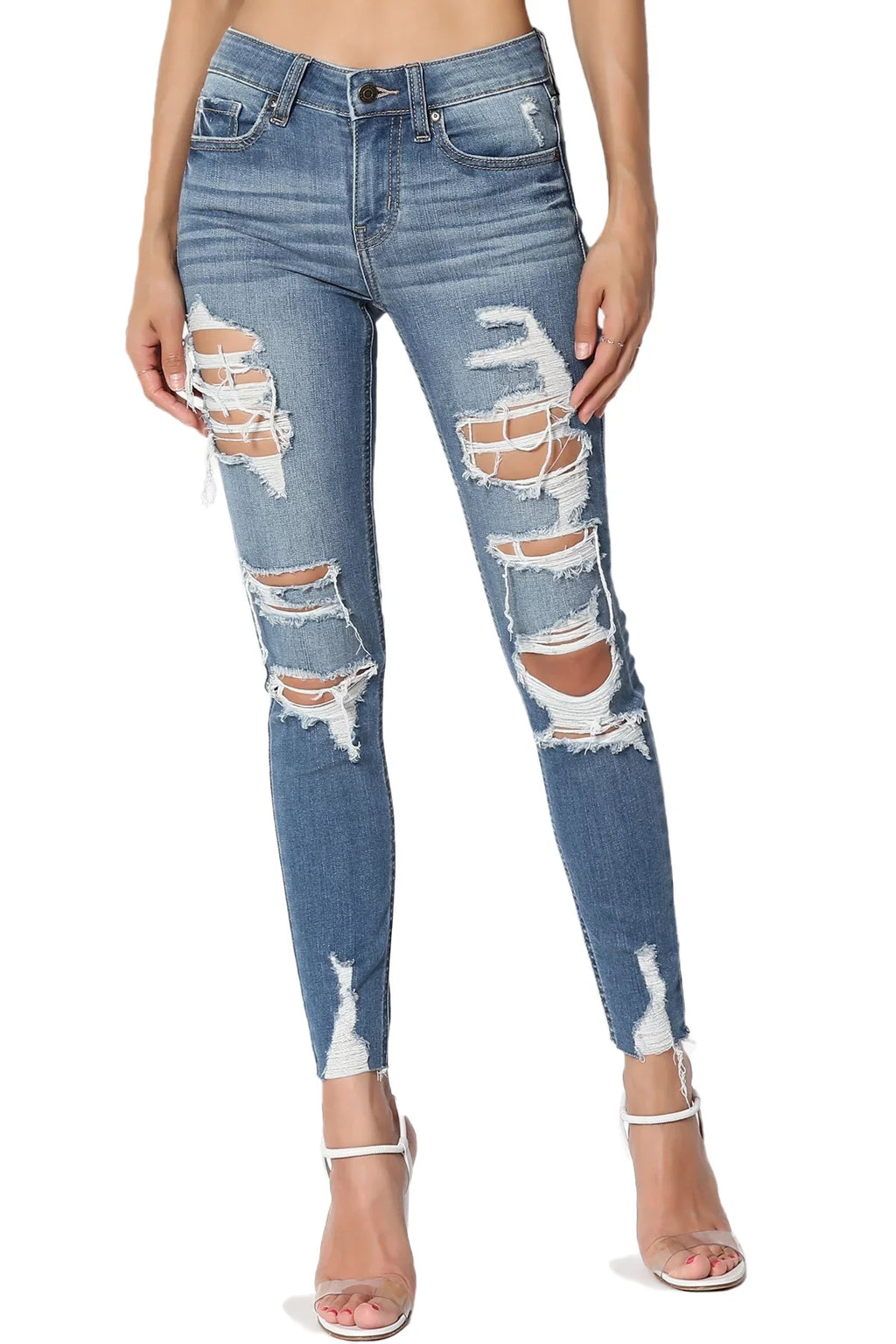 Rise Stretch Mid Deep Distressed TheMogan Perfect in Jeans Skinny Ripped Women's MD