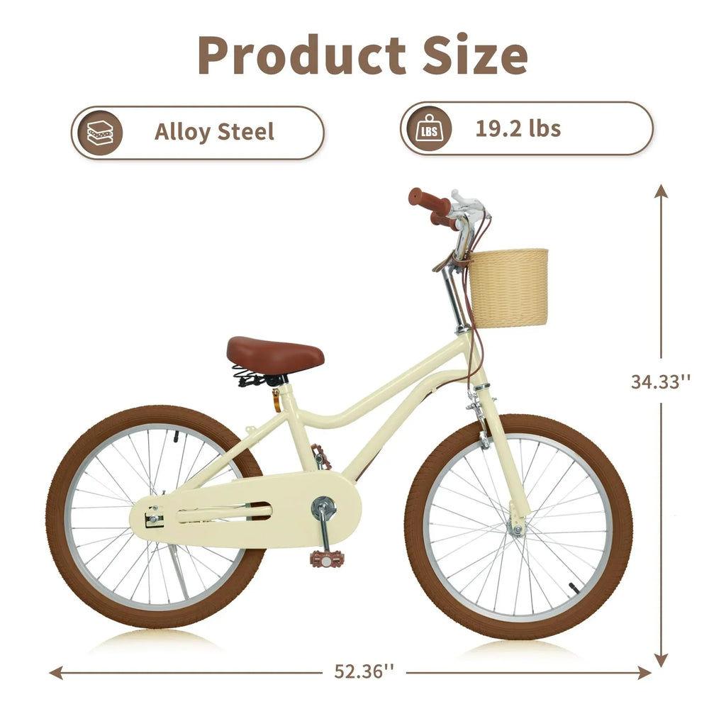 Bicycle without and and Bicycles Kids Training 7-13, Handbrake Basket, Wanan Boys 20" Design 20 Girls with Large Bike, dimension Age Boys Retro Kids' for for Bicycle Girls inch Kids Large Yellow Wheels,