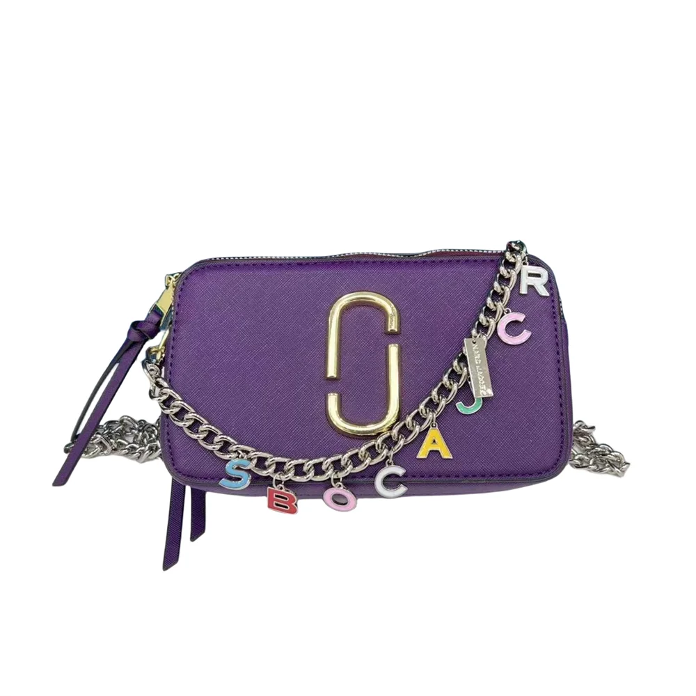 with Cross body Leather Snapshot Bag Logo Strap Chain Purple Women's