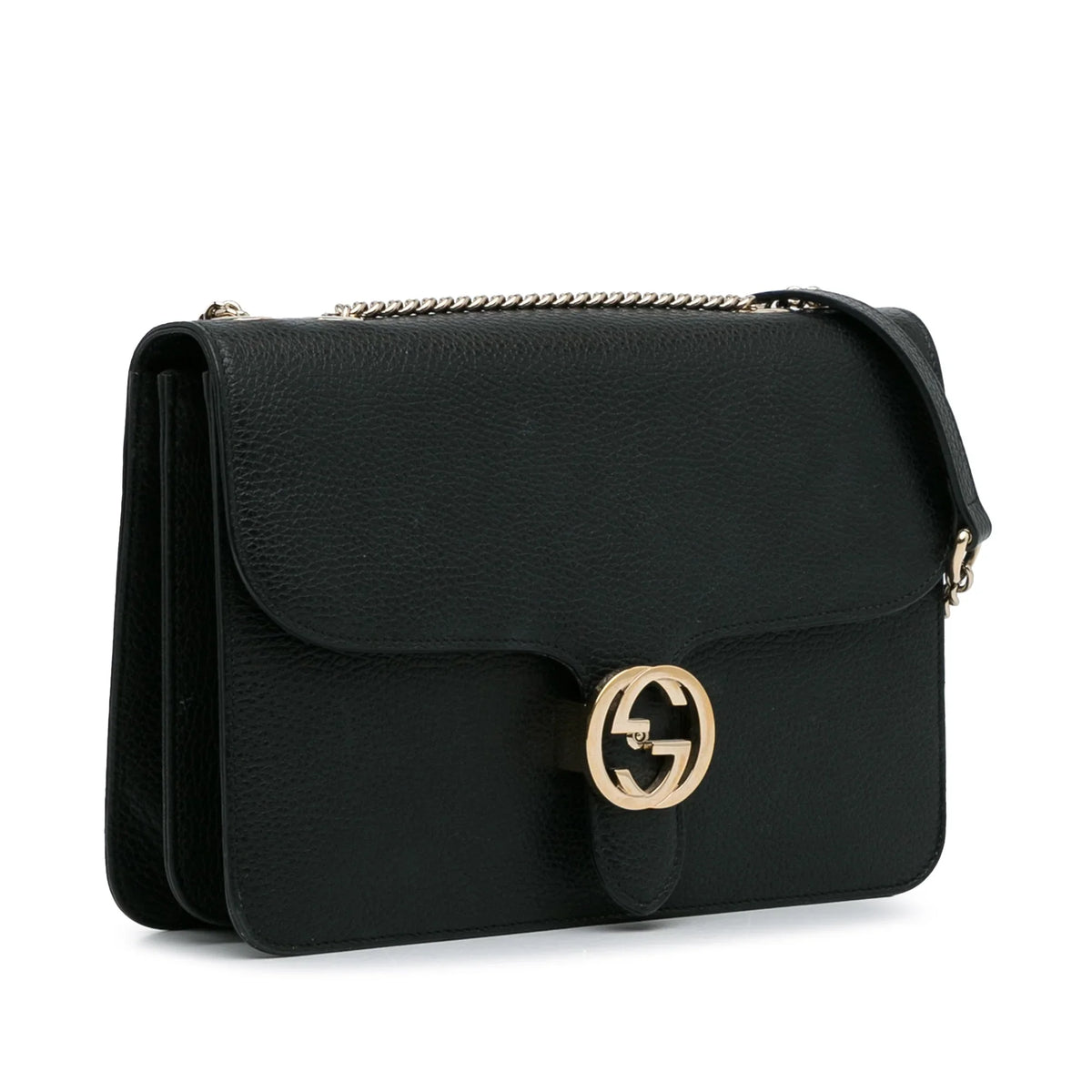 Unisex Authenticated Crossbody Bag Medium Dollar Leather Black Calf G Pre-Owned Interlocking (Good)