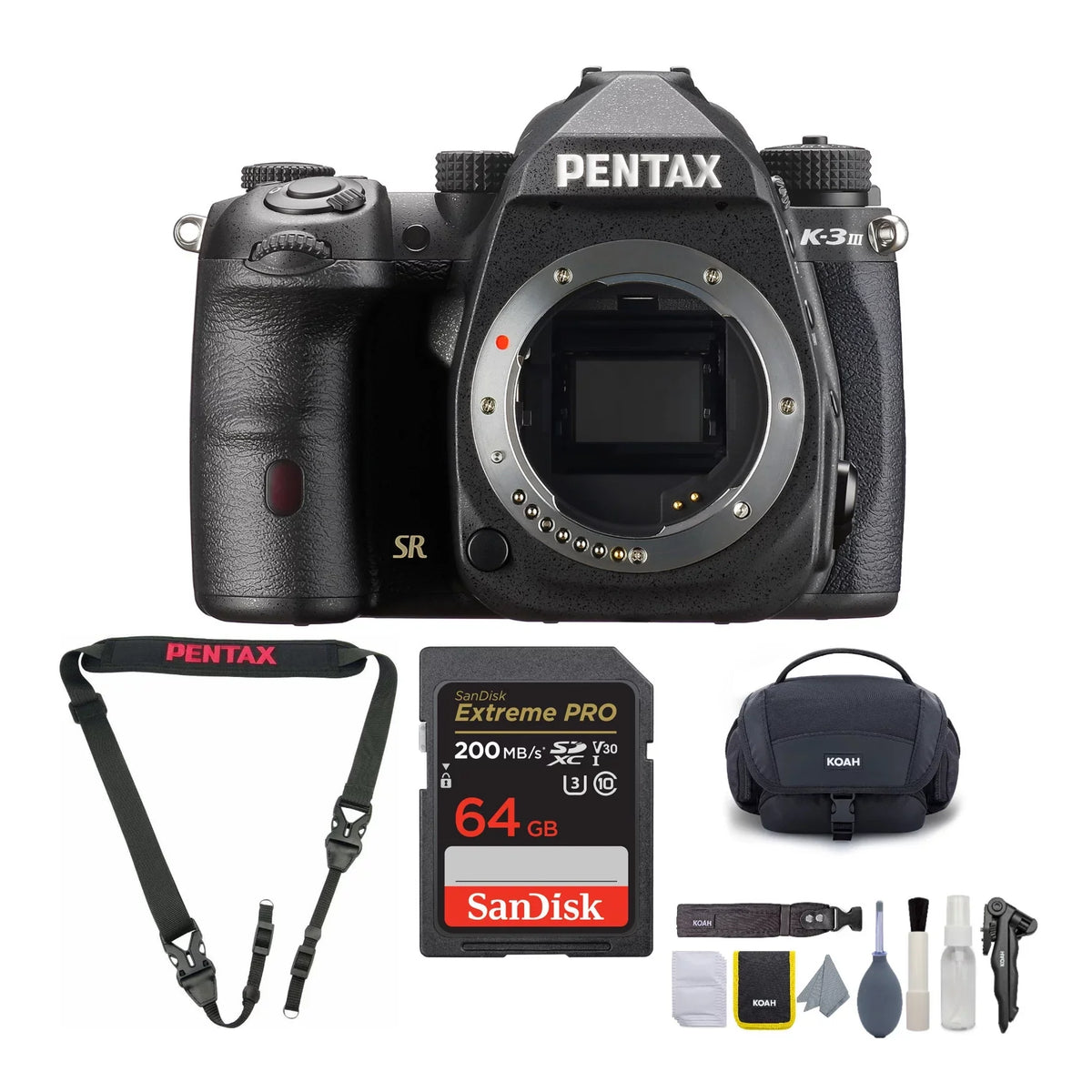 Kit, Mark Camera & Strap, K-3 with Body III Card (Black) 64GB Cleaning SD Pentax