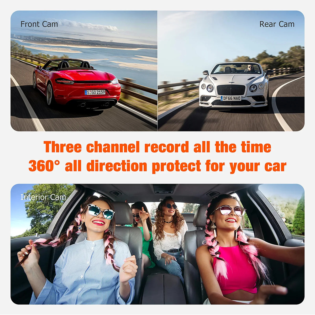 Lock Parking Front Accident and TOGUARD Way 1080P Rear Triple Vision with 3 Monitor Night Channel Camera Cam IR Three Motion Dash Detection Inside Dash Camera Car