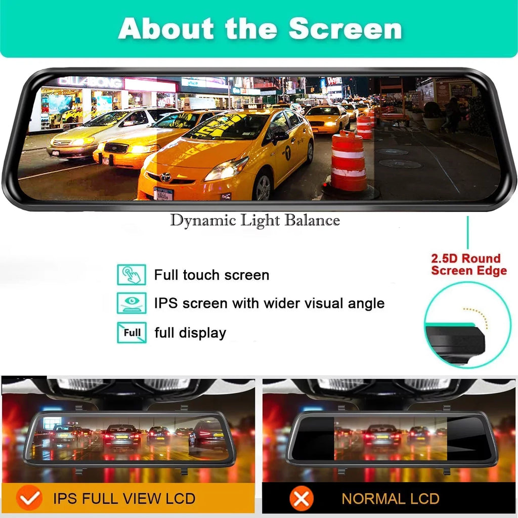 Vision, Recording Dash Camera Touch Loop Cam 10" Rear Backup Dual Motion Assistance, Screen Kit View, and Camera, Mirror Front Detection,Reversing 1080P Night Super for Dash Cars,