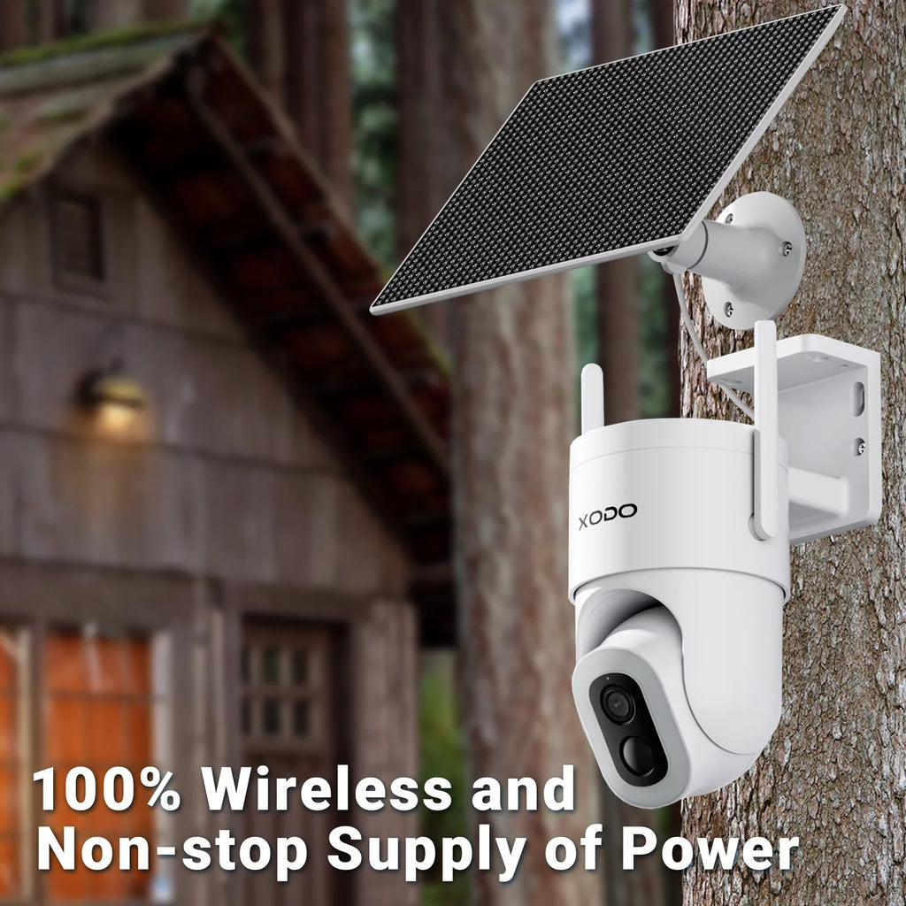 Remote with Security for E15 Pan-Tilt Siren, 2K Vision, 2-Way 3MP App Solar Cloud/SD Home Motion Detection, Camera Color Floodlight – View System, Night exterior Wireless Audio, 360° Cam XODO