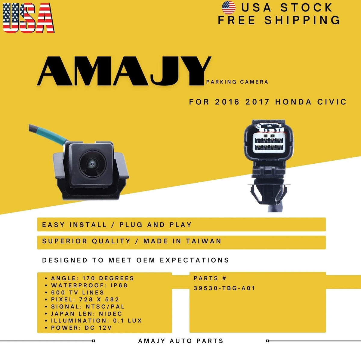 Camera CIVIC Replaces Honda 39530-TBG-A01 Backup for 16-17