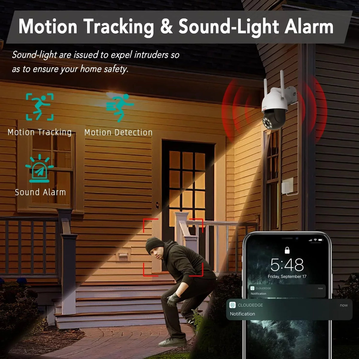 Night Camera Surveillance WiFi Camera with Camera, Waterproof Way 2 2K PIR Camera with Vision Wired 360° View, DEKCO Security Sensor, exterior Spotlight, Audio Motion
