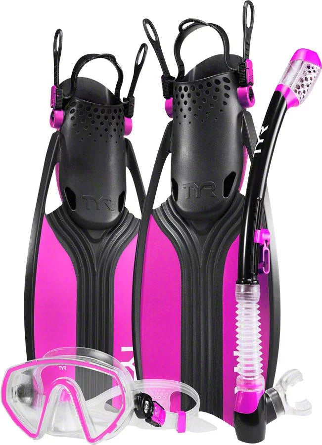 dimension Women's 5 Fin Shoe SM, - Pink/Black Snorkel Voyager Set: and TYR Mask 8.5
