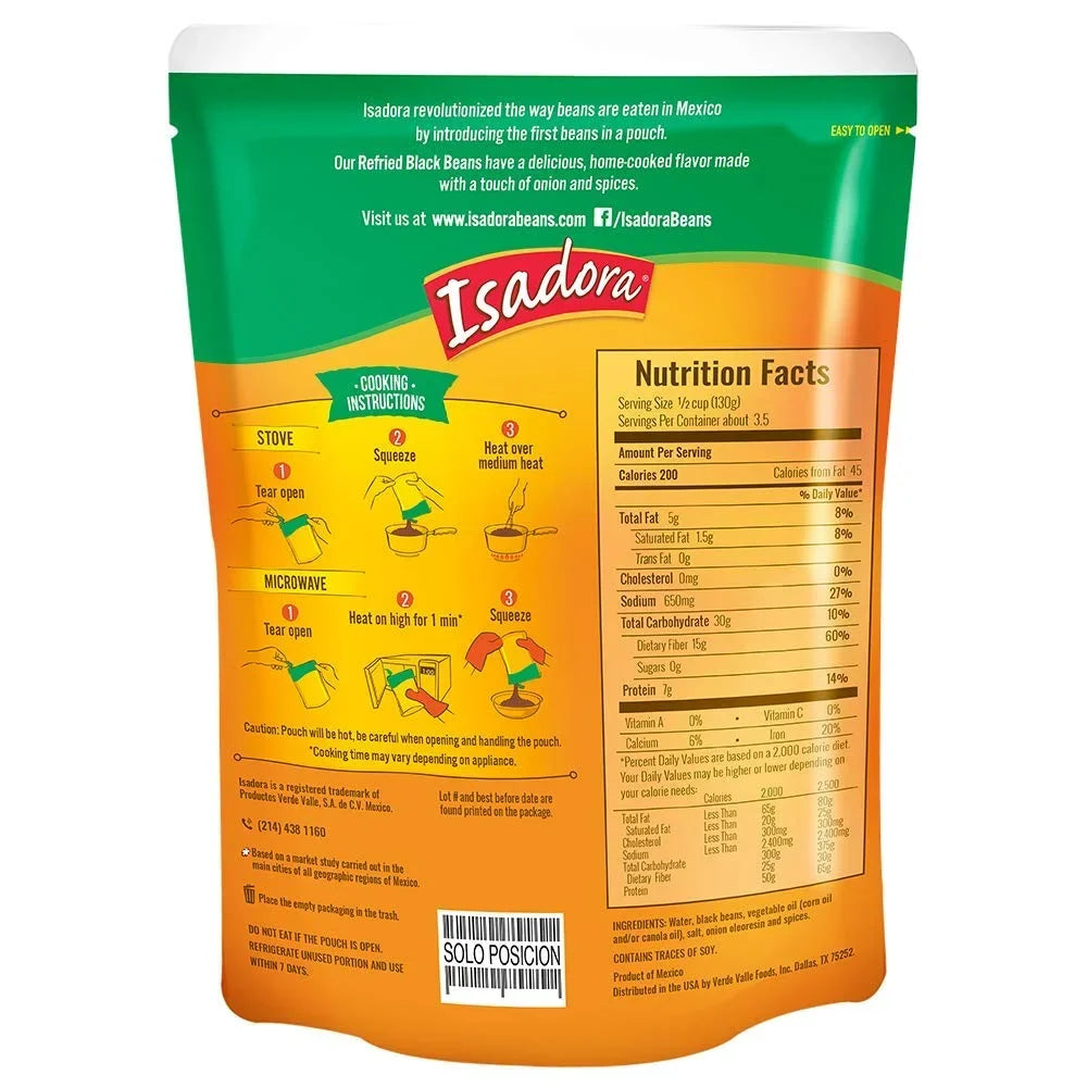 (Black Pouch 6 15.2oz Pack) Isadora Beans, Refried Beans