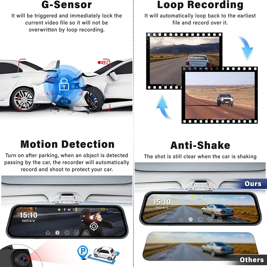 Vision, Recording Dash Camera Touch Loop Cam 10" Rear Backup Dual Motion Assistance, Screen Kit View, and Camera, Mirror Front Detection,Reversing 1080P Night Super for Dash Cars,