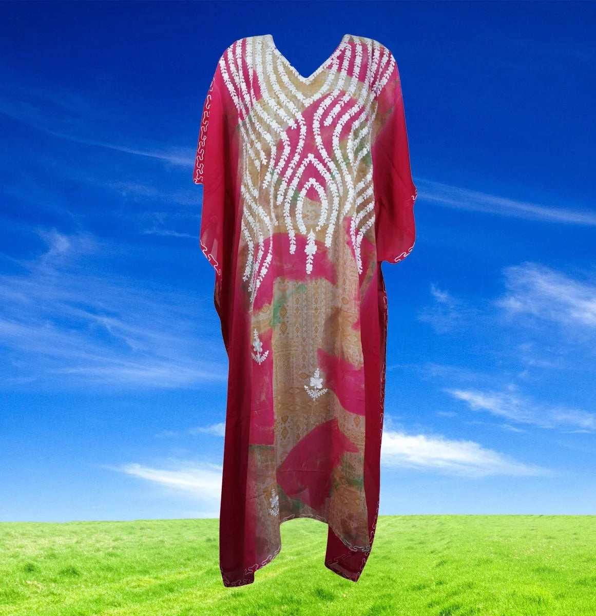 Caftan Travel L-4XL Embroidery, Kimono Kaftan, dimension, Maxi Sexy With outfit, Sheer Coverup, Pink Beach Cruise Kaftan outfit One Womens
