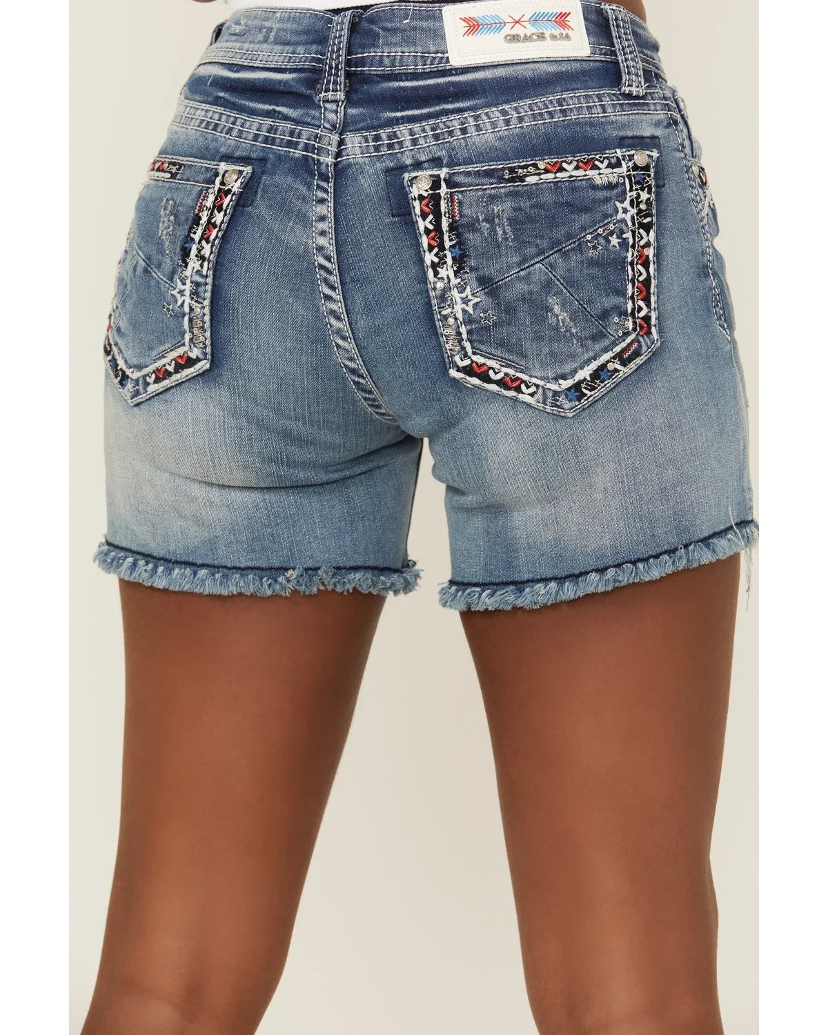 (26) Embroidered Shorts Jean Cut-Off Denim Women's Stretch Americana Distressed Grace In LA