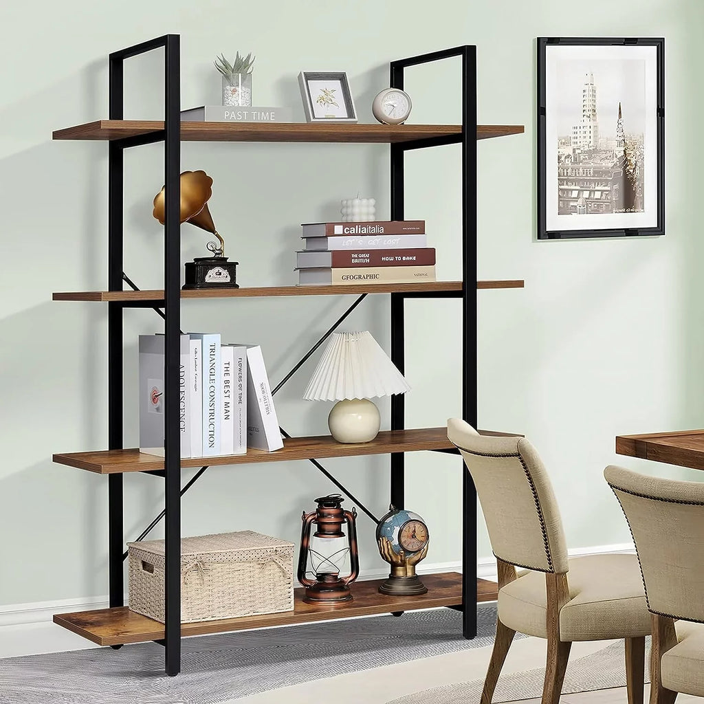 Bedroom, Rustic 4-Tier Home Office, Display Shelf, Frame, Bookcase Metal Shelves for DIQIN Open Living Bookshelf, Tall Book with Brown Room,