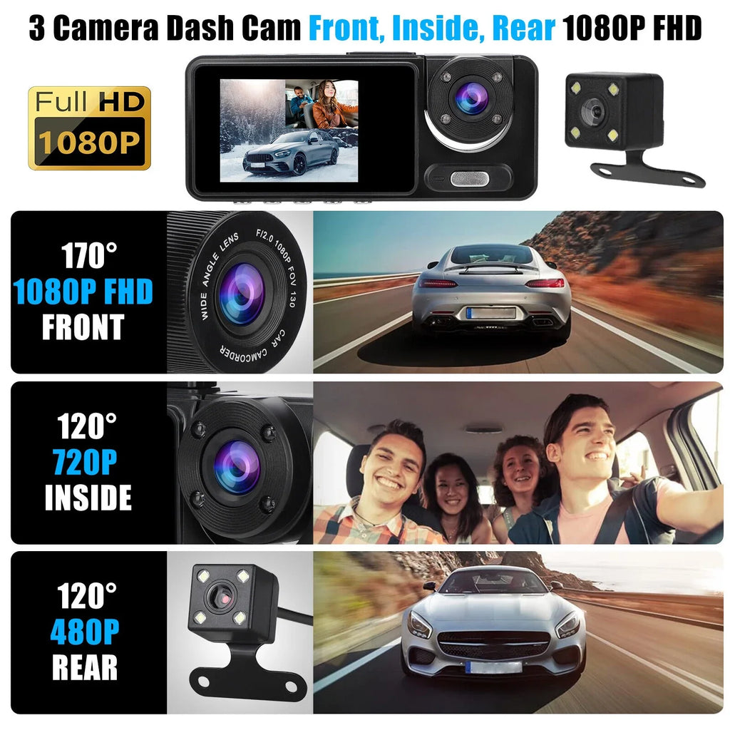 Dual Video Recorder 2" Dash 1080P Front/Rear/Inside G-sensor Lens HD Car Camera