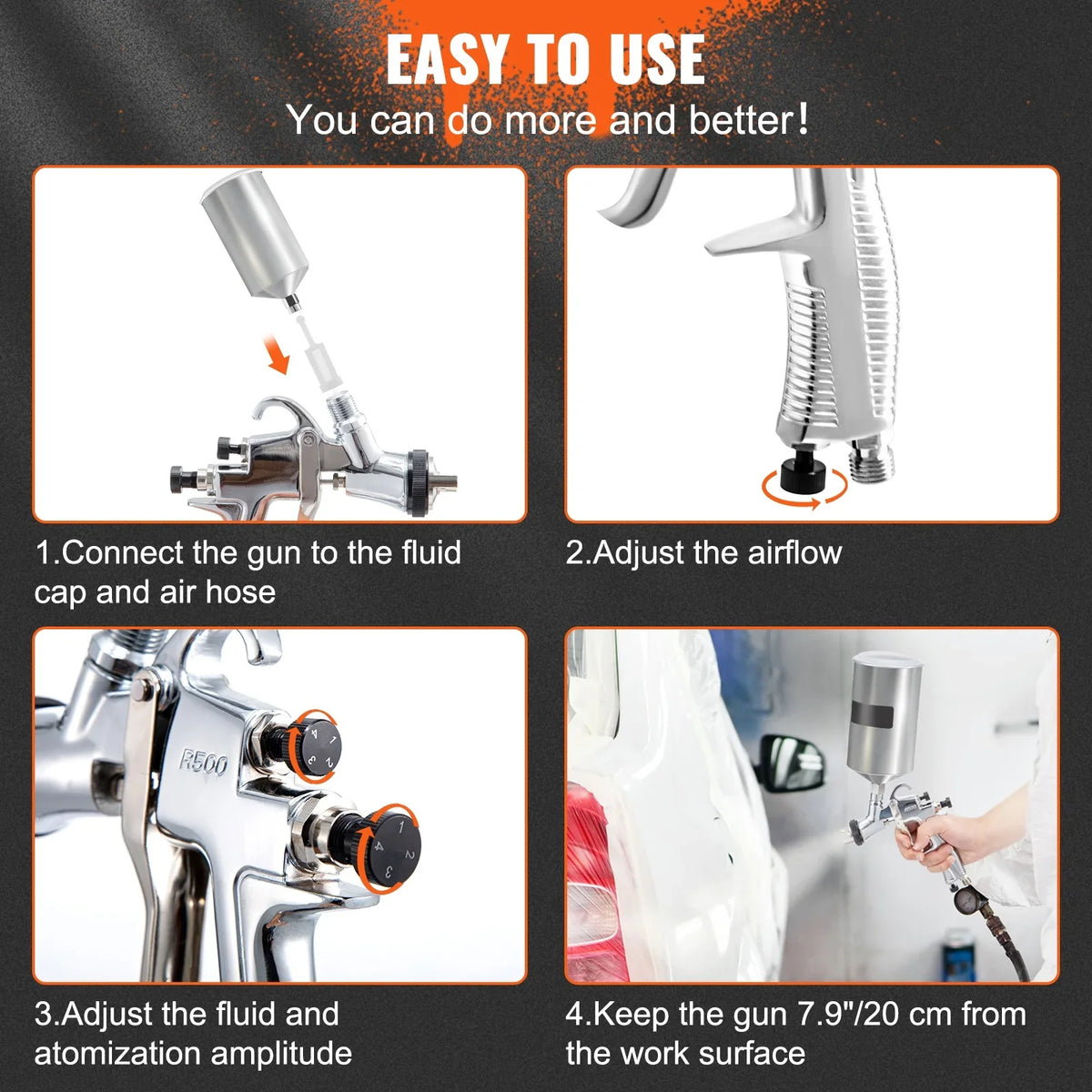 SKYSHALO Spray Gun, Steel Gravity Spray 1.8mm Nozzles, Auto 1.3mm Feed with Gun & Cup 1000cc 1.4mm Stainless Paint, Touch-Up Coat High Primer, Automotive for Clear/Top HVLP Performance Aluminum