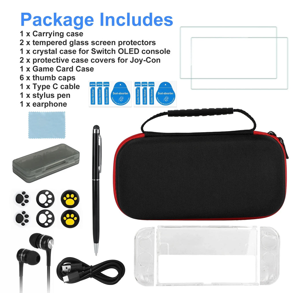 Black Switch Carrying Grips, More, with for and Nintendo Screen Accessories Accessories 16-in-1 Protector, Kit Glass OLED, Case, EEEkit Cover Fit Thumb Protective Case, Bundle Tempered
