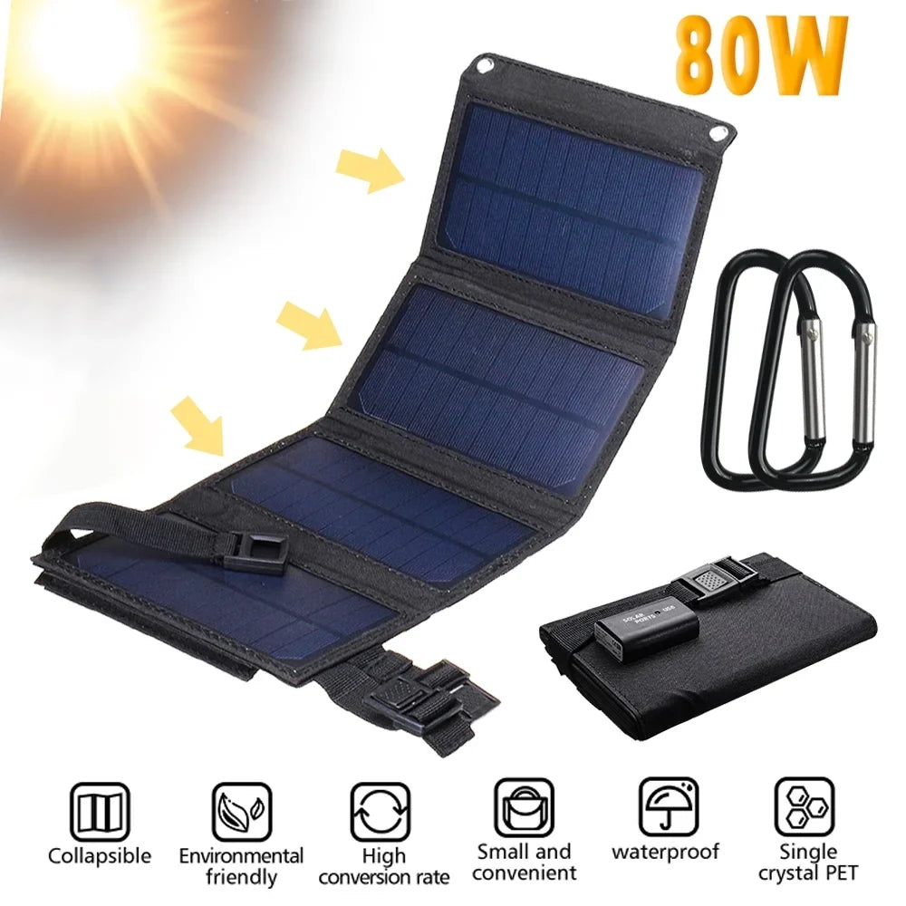 DFITO Power Hiking Charger Charger Folding Bank, for Solar exterior Kit, 80W Panel Sun Solar Panel Phone USB Power Camping Portable