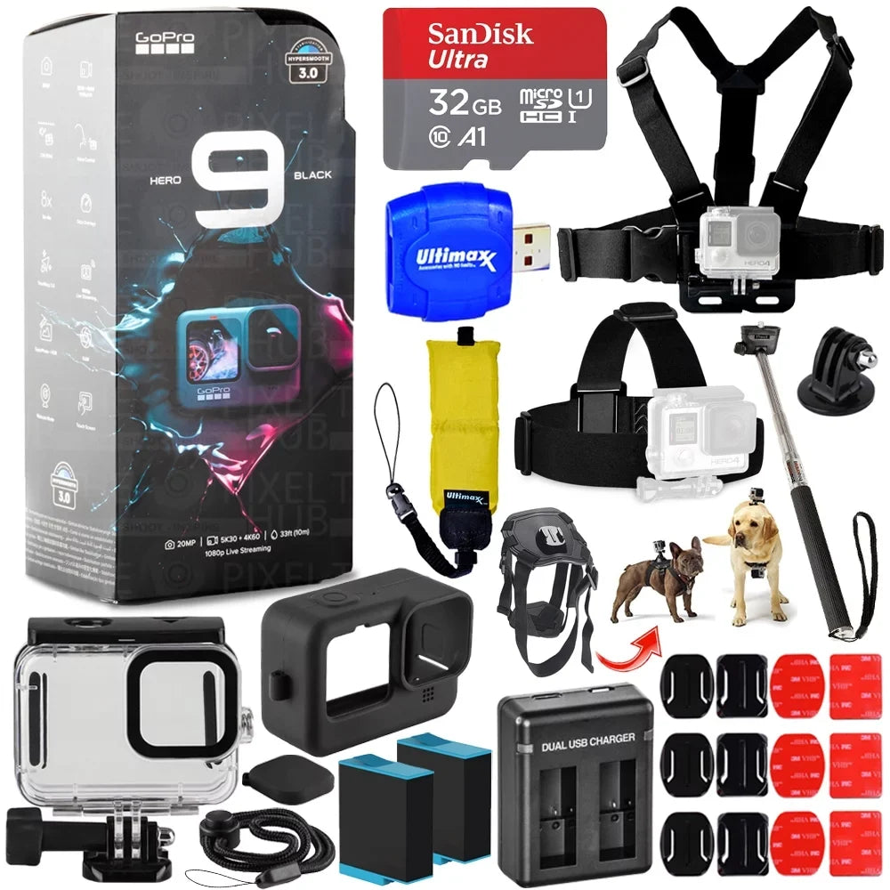 Camera Action + 5K + (Black) HERO9 Batteries 32GB Extra Housing + GoPro Bundle