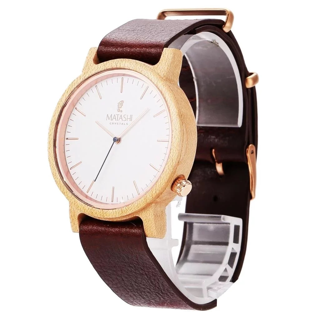 Matashi Womens Travel, 1ATM liquid Brown Casual and Mens Leather Wooden Business Watch Strap, Swiss Resistant, or w Wrist