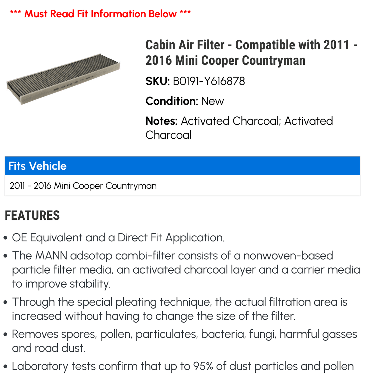 Air 2016 with 2015 2011 Compatible Filter Cabin Countryman Mini - 2014 2013 2012 - Cooper