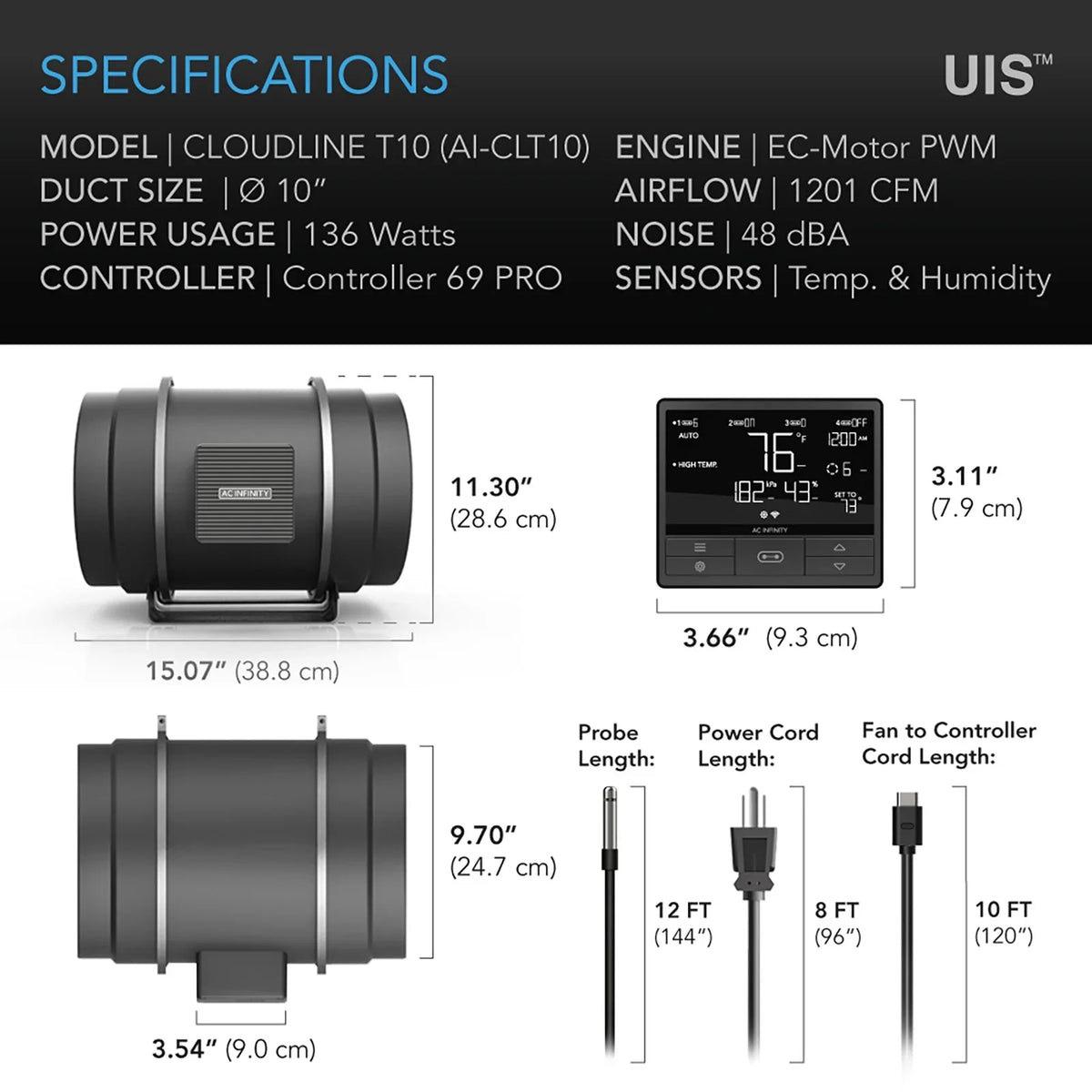with Inline Cooling, App Infinity Duct Tents, Controller, Fan Heating Exhaust WiFi - Integrated Fan Humidity Temperature T10, PRO AC 10” Control CLOUDLINE VPD for Ventilation Quiet Hydroponics Grow