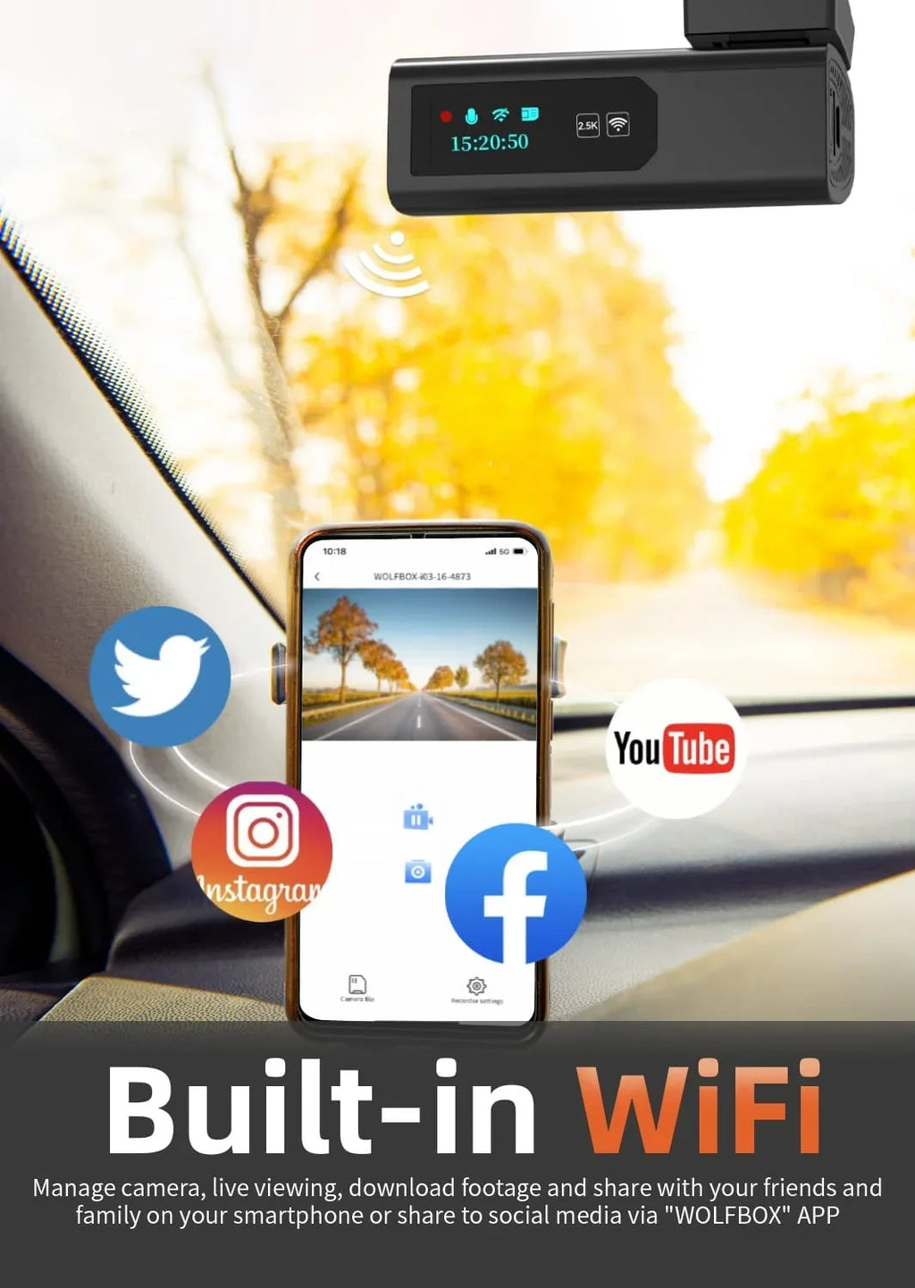 Control, Night 64GB Dash Support Hours Loop 24 Vision, Max with WiFi, Cam, Camera Recording, APP G-Sensor, Dash Parking Monitor, Full HD 2.5K WOLFBOX