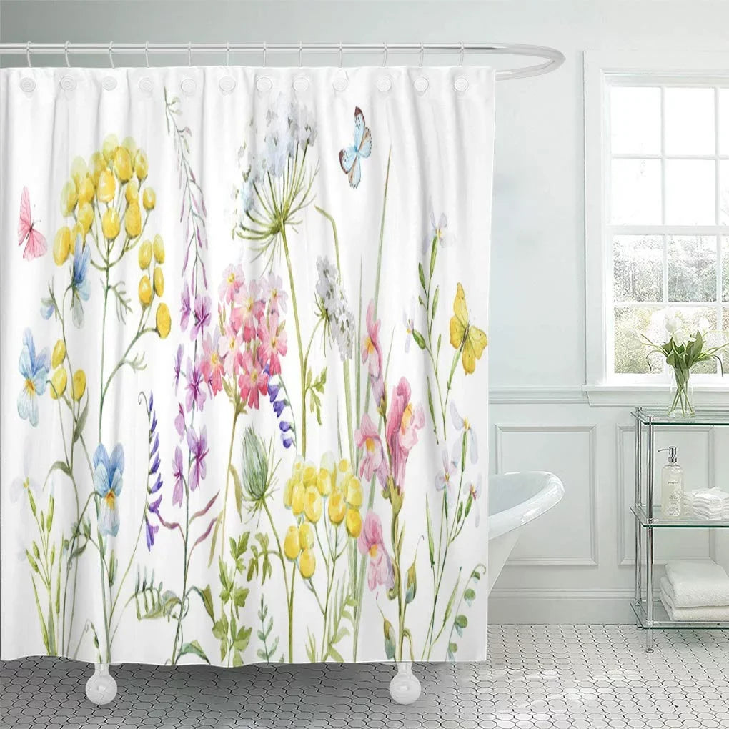 Watercolor Pink SUTTOM Curtain Wildflowers Pansies Buttercup Tansy Blue 60x72 Shower Tender inch Yellow