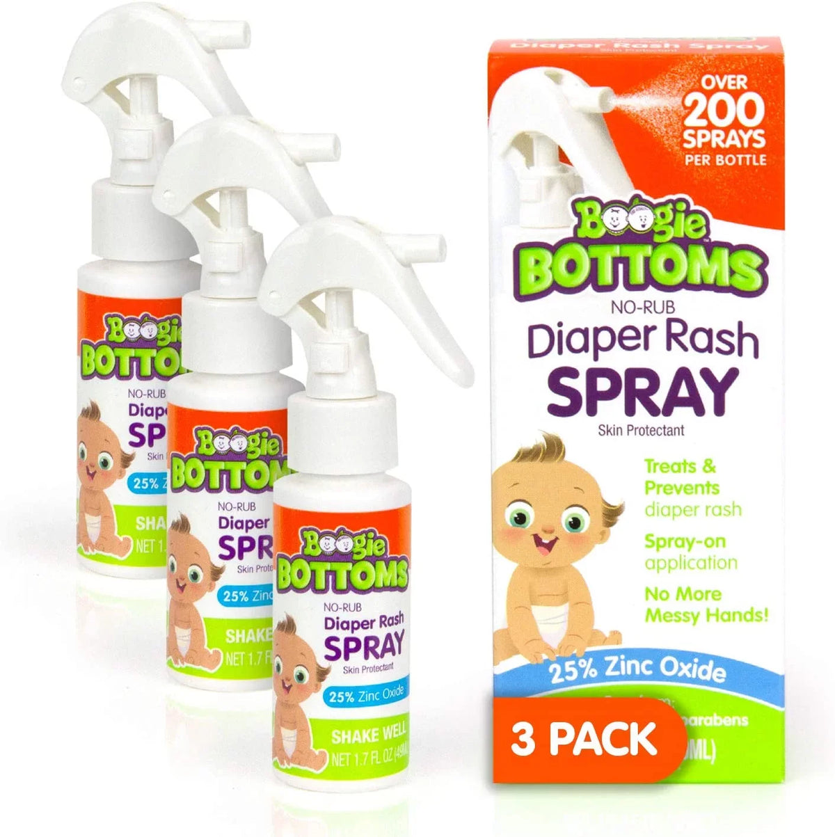 Touch Bottoms, Diaper Sensitive per Cream Pack Sprays Rash No-Rub Over 200 Boogie oz, 1.7 Free of for by Baby Spray Application 3 Bottle, Skin,