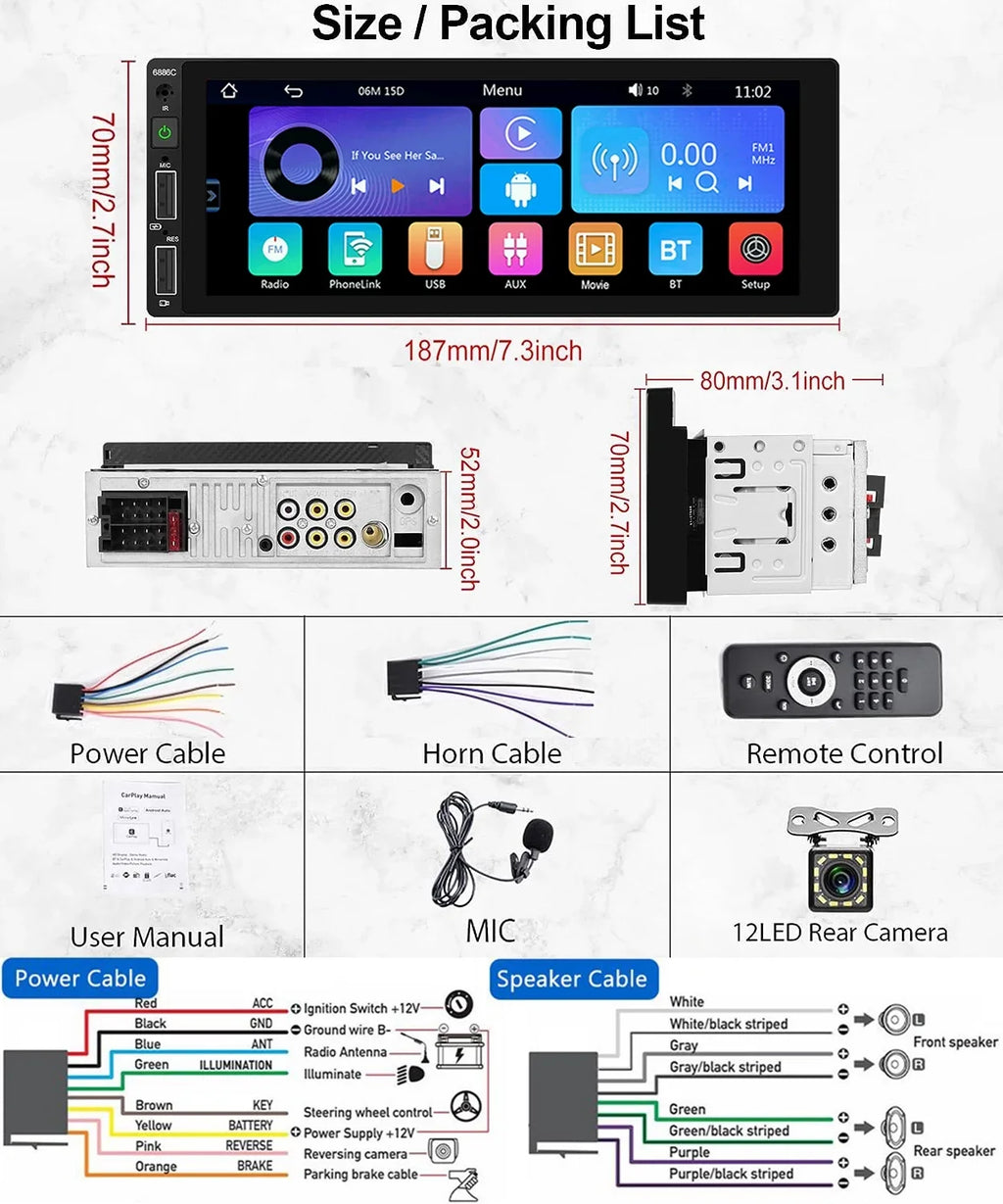 Car USB,with Podofo Bluetooth Receiver Link Mic&Backup 6.86'' HD Camera Stereo Wireless Player Single Din 1 Android Car Touchscreen Radio Carplay Mirror Multimedia Audio FM Auto MP5
