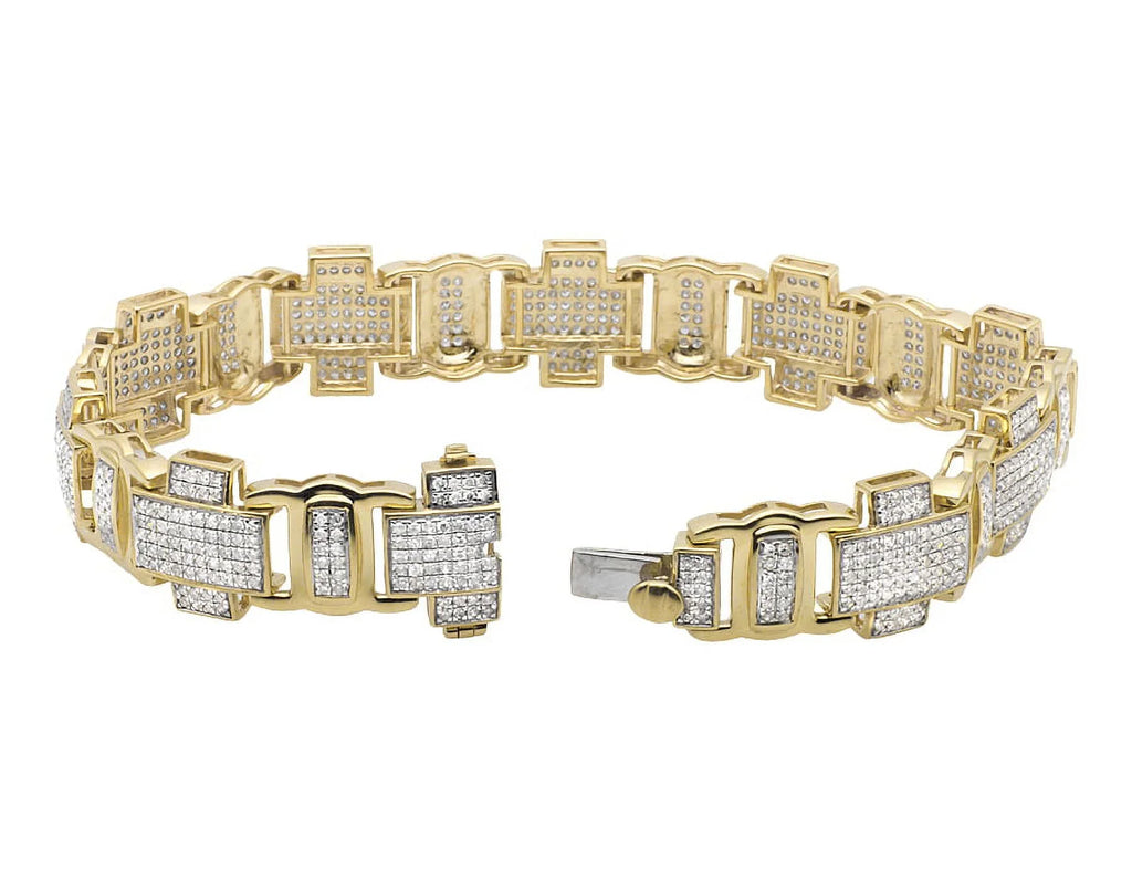 Gold Yellow 8" 4.5ct Link Diamond Pave Bracelet Cross Statement 10K Genuine Men's