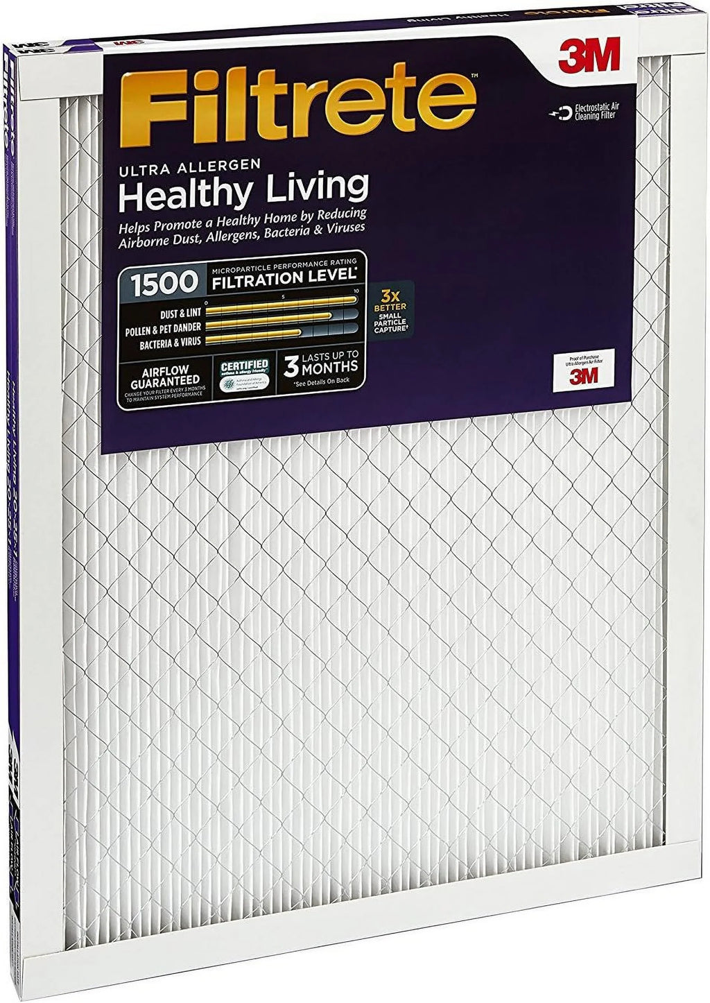 3-Month Filter, Air MPR 1-Inch 16x24x1 Ultra-Allergen Living MERV 2 1500, 12, Air Healthy Filters, Pleated Filters Filtrete