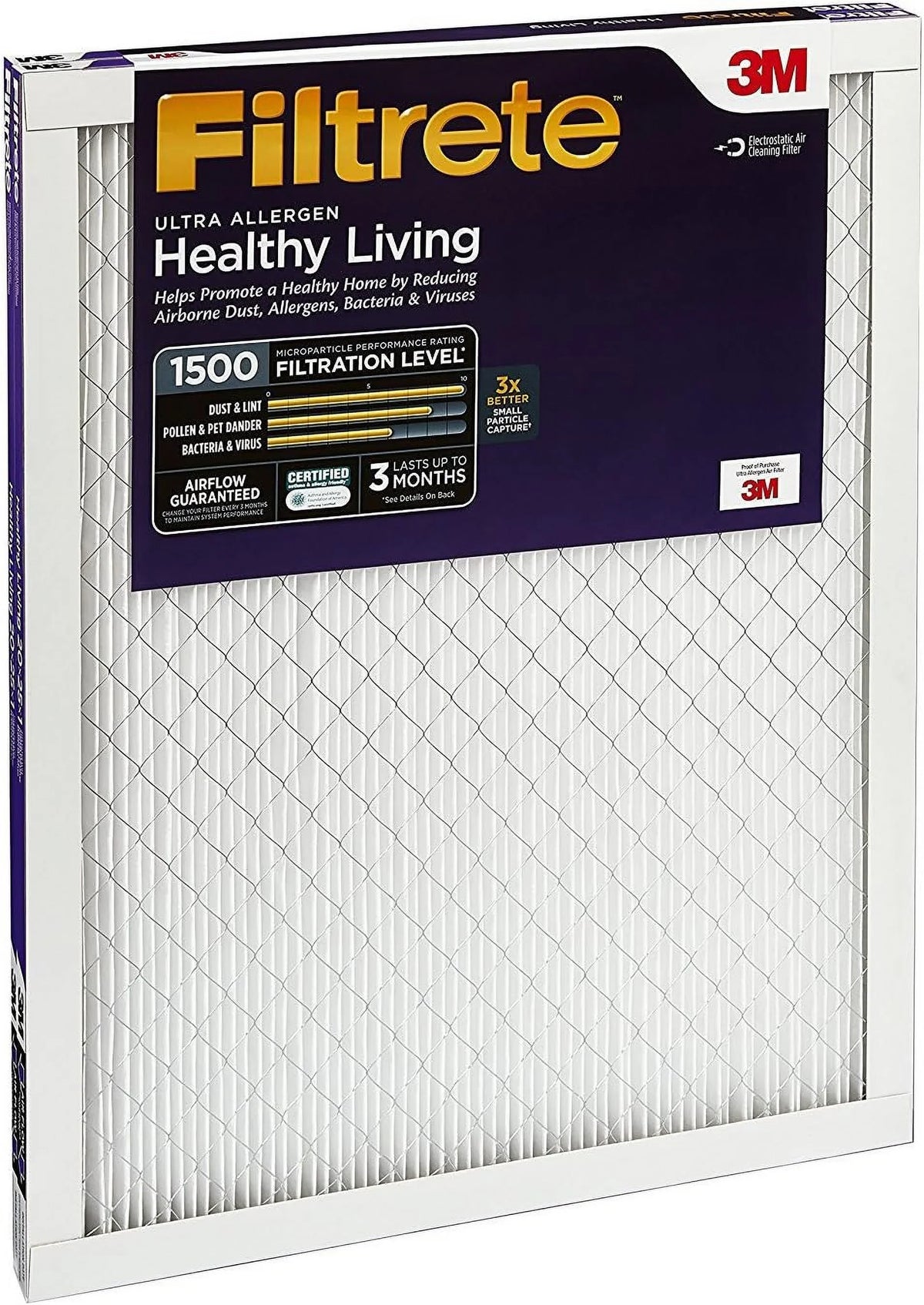 3-Month Filter, Air MPR 1-Inch 16x24x1 Ultra-Allergen Living MERV 2 1500, 12, Air Healthy Filters, Pleated Filters Filtrete