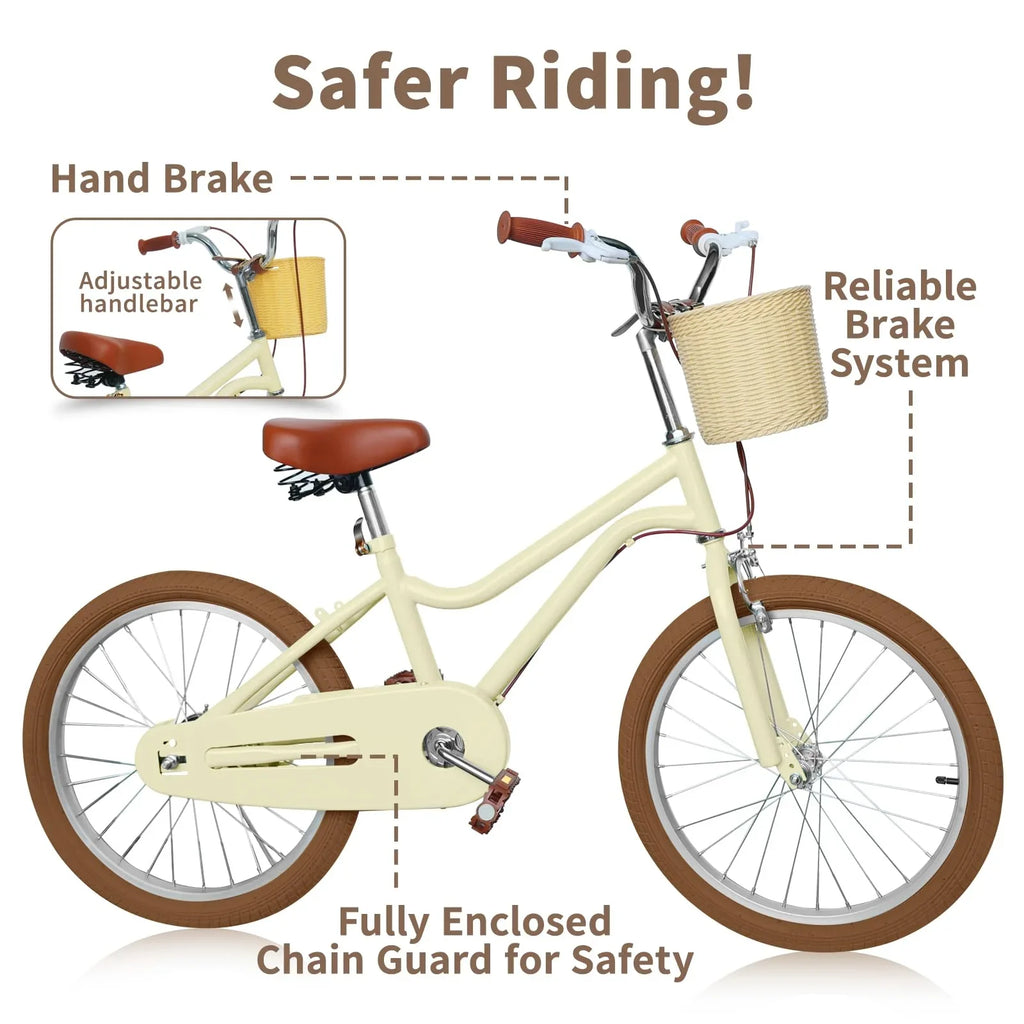 Bicycle without and and Bicycles Kids Training 7-13, Handbrake Basket, Wanan Boys 20" Design 20 Girls with Large Bike, dimension Age Boys Retro Kids' for for Bicycle Girls inch Kids Large Yellow Wheels,