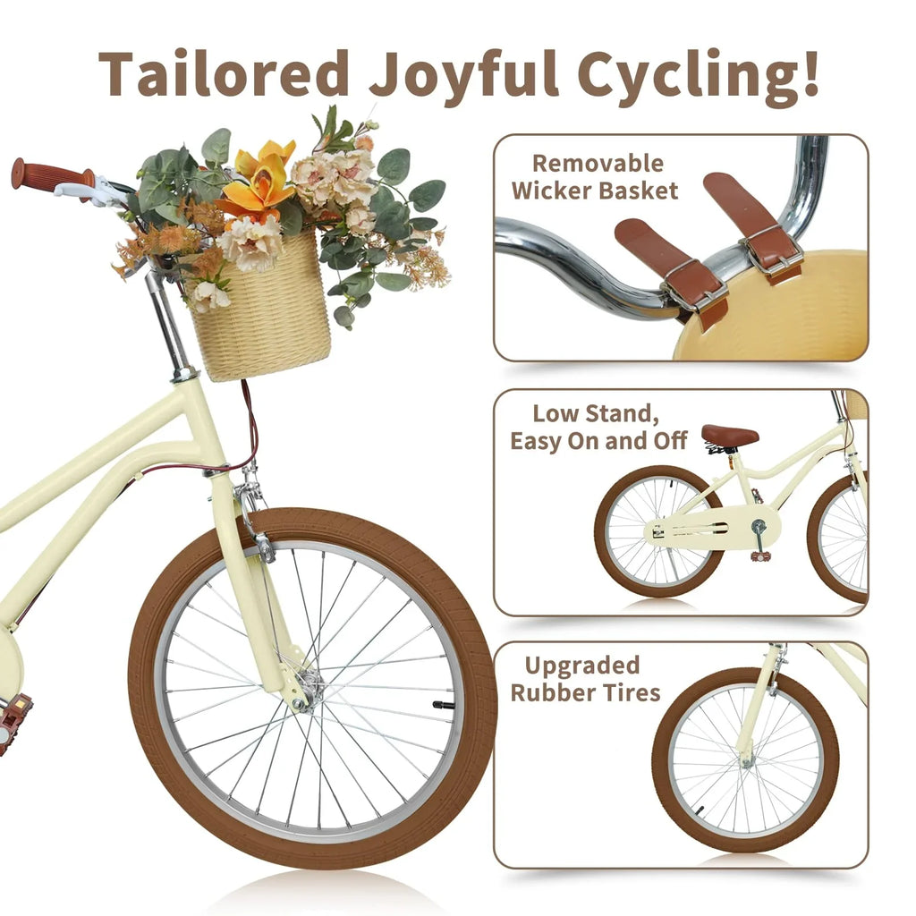 Bicycle without and and Bicycles Kids Training 7-13, Handbrake Basket, Wanan Boys 20" Design 20 Girls with Large Bike, dimension Age Boys Retro Kids' for for Bicycle Girls inch Kids Large Yellow Wheels,