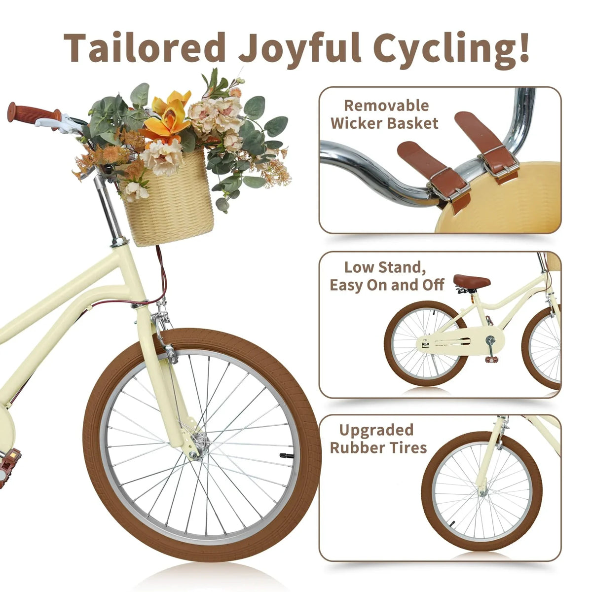 Bicycle without and and Bicycles Kids Training 7-13, Handbrake Basket, Wanan Boys 20" Design 20 Girls with Large Bike, dimension Age Boys Retro Kids' for for Bicycle Girls inch Kids Large Yellow Wheels,