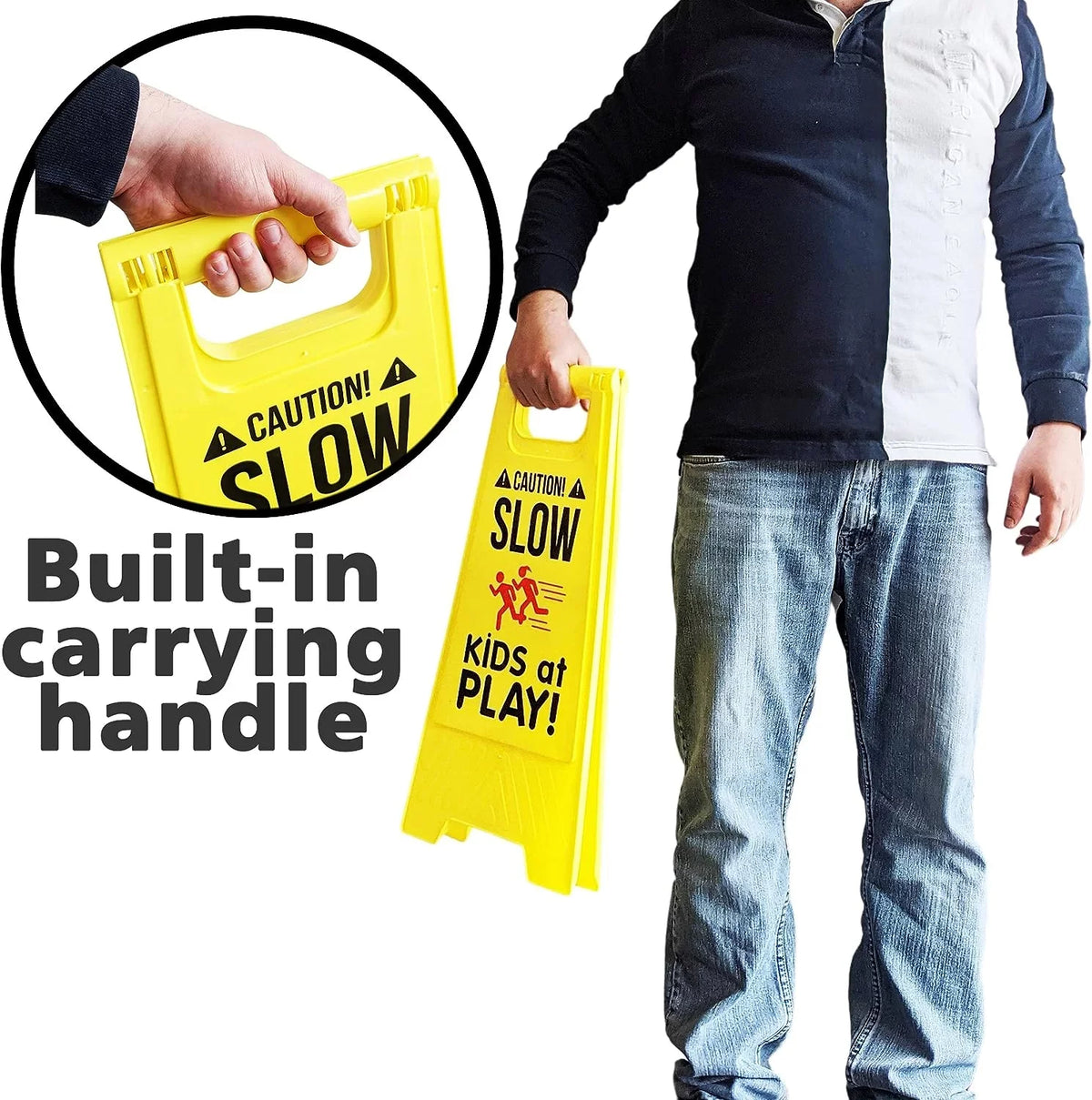 Signs, Double Carrying at Visibility Signs, - SciencePurchase High SLOW Color, Fold-Out by Standing Sided, Portable Handle Pack PLAY! Caution! with Yellow - 2 KIDS