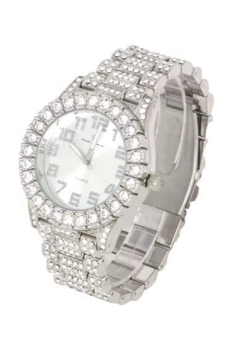 Set Wristwatch Set - (24") The Raymond Iced Cross Bracelet & Choose Shiny Tennis Out Be Out Quartz 3pc Necklace Cuban SLV ZZ Mens Luxury w/Diamond Blinged - Charles Lit Dial ST10327AR Matching