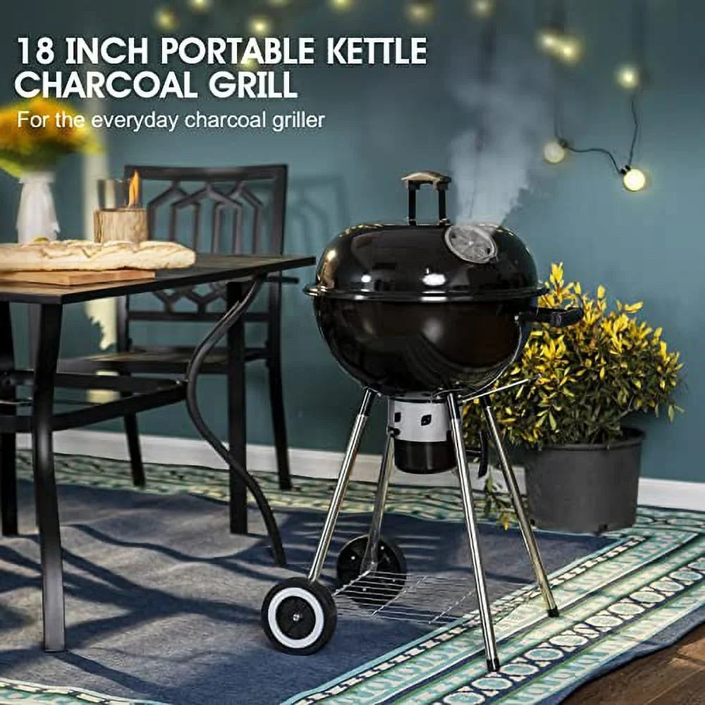 exterior with Grate, Porcelain-Enameled and Charcoal Patio Bowl, Picnic William Ash for Grill BBQ Chromeplated Catcher Lid Sophia Camping, Black & 18-inch BBQ Kettle