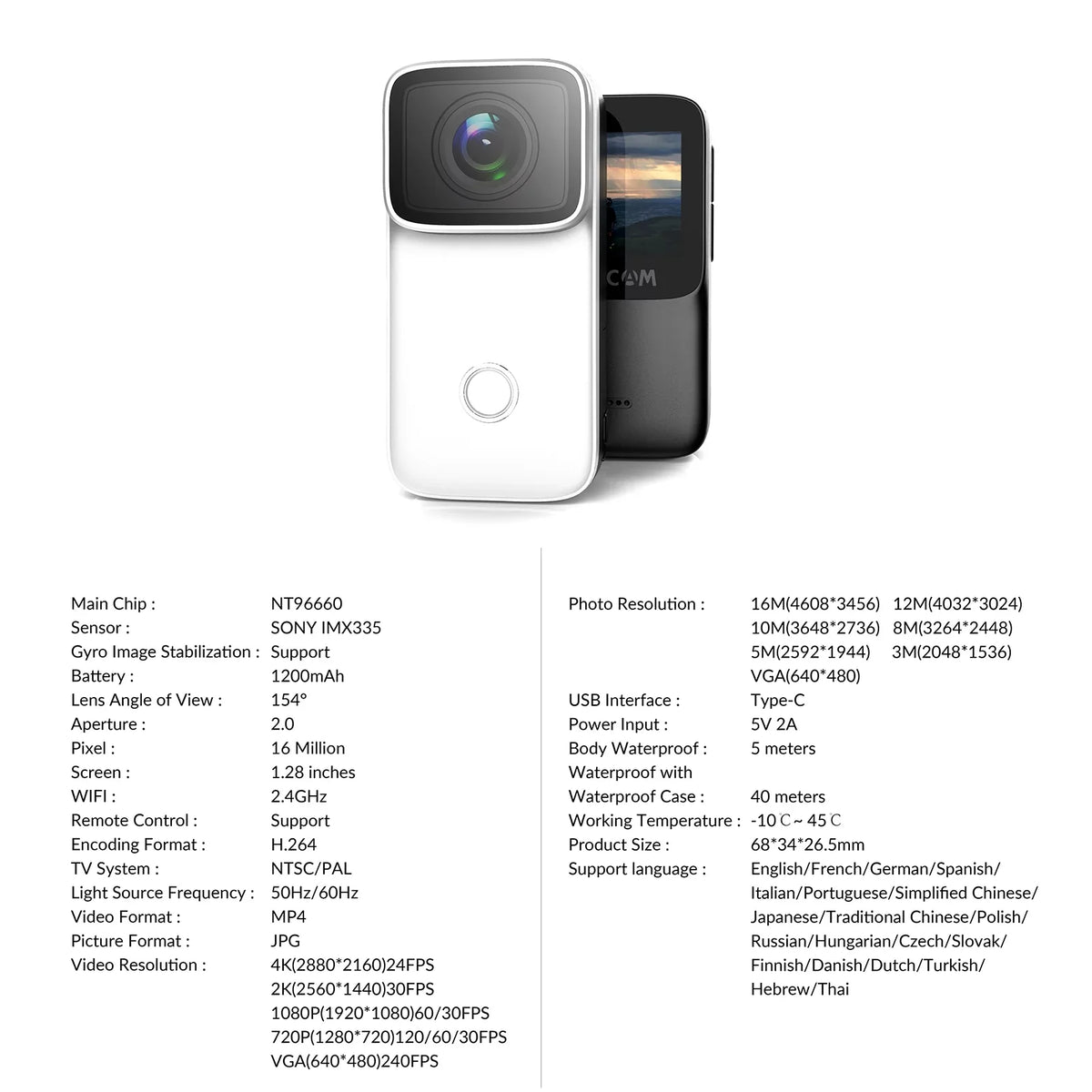 Face SJCAM C200 Screen Action Waterproof Inch Re 4K -Shake 6- Body 1.28 WiFi IPS 5M Supports with