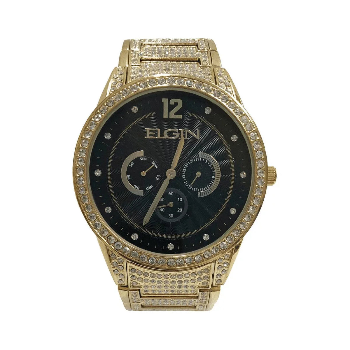 Dial Adult with Crystals Analog Male (FG160030G) Dial Gold Pave Black Watch and Elgin