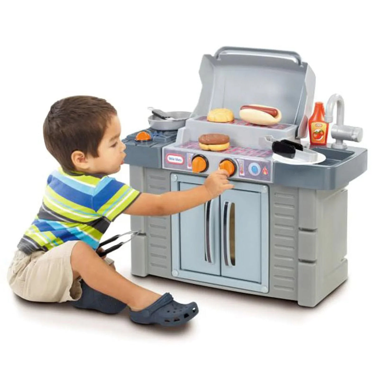 Little Girls Play Grow Playset, BBQ 2 Kitchen 8-Piece Toys Toddlers Gray, Ages 3 'n For Kids Grill 4+ Boys Cook Tikes Pretend