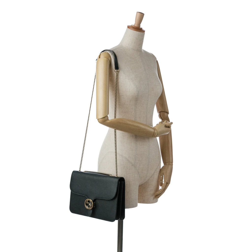 Unisex Authenticated Crossbody Bag Medium Dollar Leather Black Calf G Pre-Owned Interlocking (Good)
