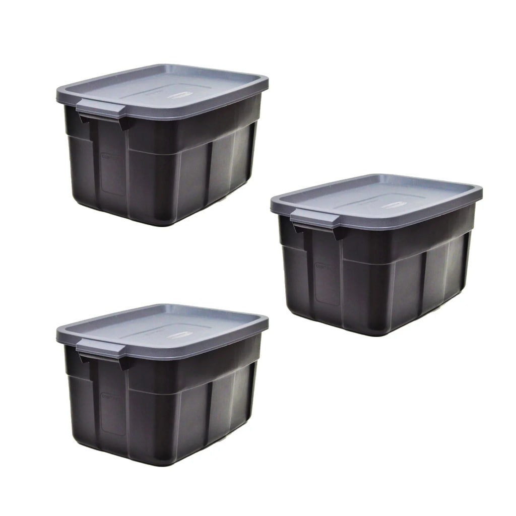 Stackable Roughneck Rubbermaid Handles, Easy Tote 31 Stay Gallon Container Tight Pack) Lid Gray Storage & Carry (3 Black/Cool with