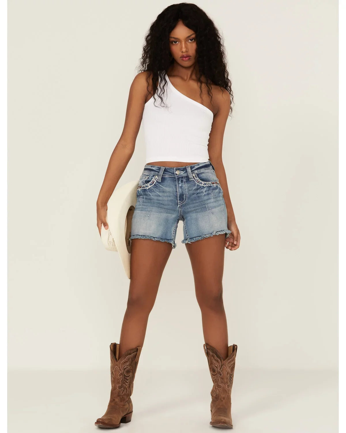 (26) Embroidered Shorts Jean Cut-Off Denim Women's Stretch Americana Distressed Grace In LA