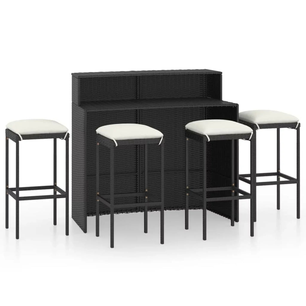 Anself Cushioned with Dining Backyard, 4 Bistro, and Garden Chairs Pub, Black Piece Set Terrace, for Rattan Shelf Stool Poly Bar Table Storage exterior 5 Patio Set