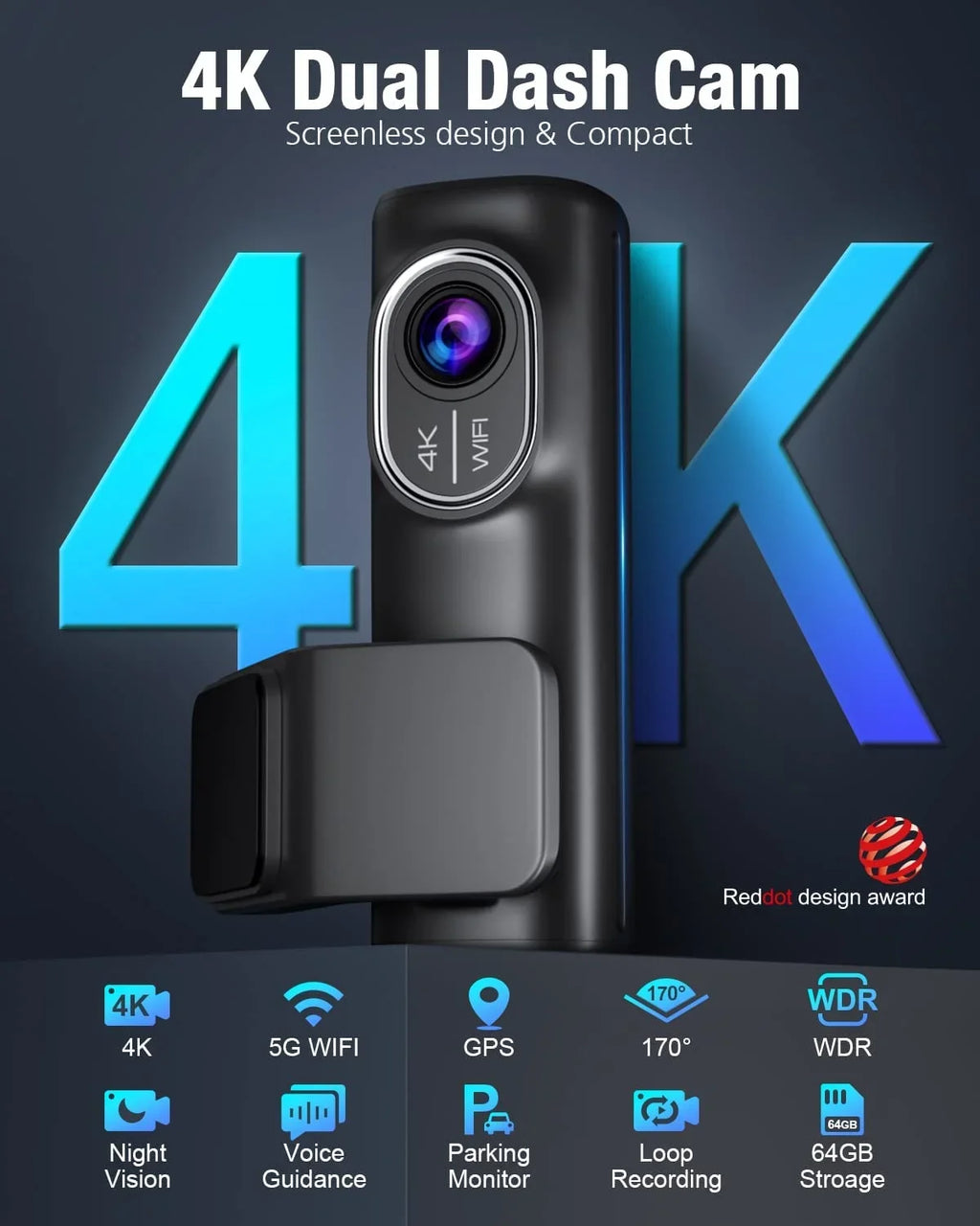 4K/2K/1080P+1080P Free with Night APP Vision, Recording, Card,WDR Loop 24h Cars OMBAR GPS 64G Rear for 5G Front Mode,170°Wide, SD Cam G-Sensor, Parking WiFi Dash and
